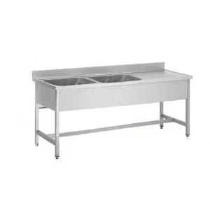 Plonge démontable sur pieds carrés sans étagère, inox AISI 304, 2 bacs, longueur 1500 mm