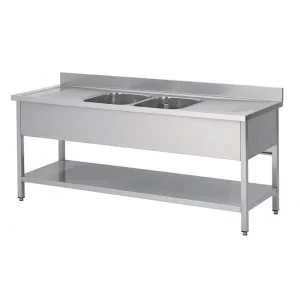 Plonge soudée sur pieds carrés avec étagère, inox AISI 304, 2 bacs au centre, longueur 2400 mm