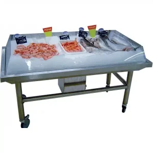 Module d&rsquo;animation roulant inox AISI 304 avec bac de récupération des eaux de fonte L 1500 mm x P 800 mm