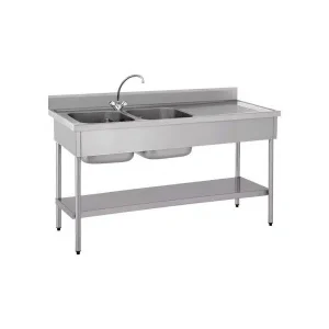 Plonge démontable avec étagère adossée 2 bacs à gauche 1 égouttoir à droite L 1900 x l 700 x H 900 mm