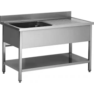 Plonge soudée sur pieds carrés avec étagère, inox AISI 304, 1 bac, longueur 1000 mm