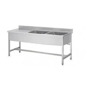 Plonge démontable sur pieds carrés sans étagère, inox AISI 304, 2 bacs à droite, P-600 mm