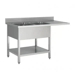 Plonge démontable adossée, en acier inoxydable, avec étagère, 2 bacs, L 1600 x P 600 x H 950 mm