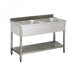 Plonge démontable adossée, en acier inoxydable, avec étagère, 2 bacs au centre, P 600 x H 950 mm