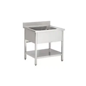 Plonge soudée sur pieds carrés avec étagère, inox AISI 304, 1 bac au centre, profondeur 700 mm