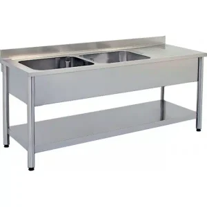 Plonge démontable sur pieds ronds avec étagère inox ferritique 2 bacs à gauche dimension bac: L 400 x P 400 x H 250 mm