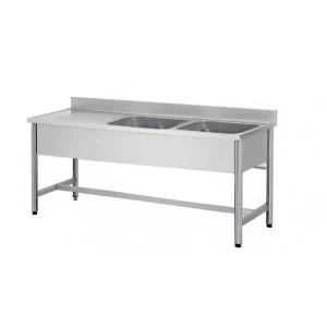 Plonge démontable sur pieds ronds sans étagère inox AISI 304 2 bacs à droite dimension bac: L 400 x P 400 x H 250 mm
