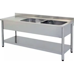 Plonge démontable sur pieds ronds avec étagère inox AISI 304 2 bacs à droite dimension bac: L 400 x P 400 x H 250 mm