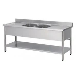 Plonge démontable sur pieds ronds avec étagère inox AISI 304 2 bacs 2 égouttoirs P 700 mm