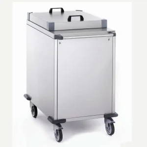 Chariot à verres à niveau constant acier inoxydable avec habillage et couvercle inox, plate-forme 530 x 530 mm