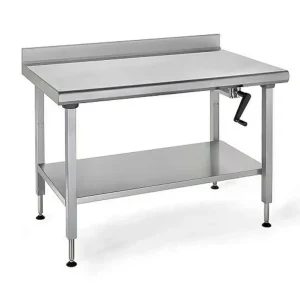 Plan de travail avec étagère sur piétement à dosseret acier inoxydable hauteur réglable
