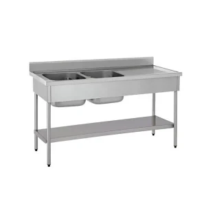 Plonge démontable avec étagère adossée 2 bacs à gauche 1 égouttoir à droite L 1800 x l 600 x H 900 mm