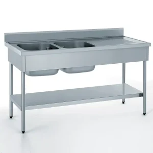 Plonge démontable avec étagère adossée 2 bacs + égouttoir à droite largeur 700 mm