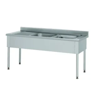 Plonge à batterie acier inoxydable adossée 2 bacs à droite 1 égouttoir à gauche L 2500 x l 800 x H 900 mm