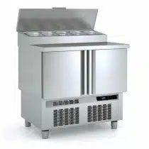 Meuble saladette, dessus inox avec couvercle, 2 portes pleines, 169 L