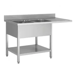 Plonge avec passage lave vaisselle sur pieds carrés, en inox AISI 201, 2 bacs, égouttoir a gauche, L 1600 x P 700 mm