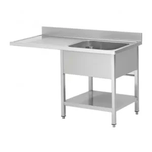 Plonge avec passage lave vaisselle sur pieds carrés, étagère pleine, en inox AISI 201, 1 bac, égouttoir a droite, L 1200 mm