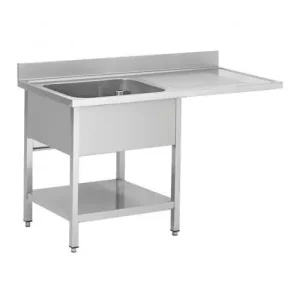 Plonge avec passage lave vaisselle sur pieds carrés, étagère pleine, en inox AISI 201, 1 bac, égouttoir a gauche, L 1200 mm