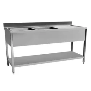 Plonge démontable en inox avec étagère, dosseret et égouttoir, 2 bacs , L 1600 x P 700 mm