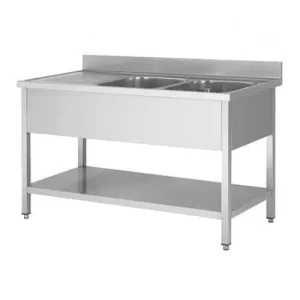 Plonge démontable sur pieds carrés, étagère pleine, en inox AISI 201, 2 bacs, égouttoir a droite, L 1600 mm